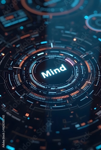 Wallpaper Mural Abstract digital mind concept art, vertical composition. Cool blue and orange hues create a futuristic technological design with a central glowing Mind text. Torontodigital.ca