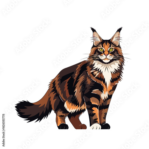 Maine Coon cat portrait of a fluffy pet against white background, detailed animal standing, looking straight ahead. Breed Maine Coon cat is a favorite domestic breed, perfect for pet-related designs.