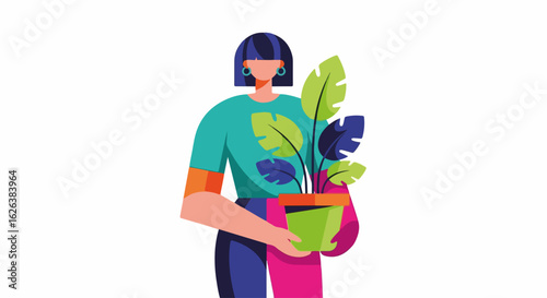 Woman holding potted plant against plain white background, illustration in bright and simple style. Houseplant in terracotta pot,