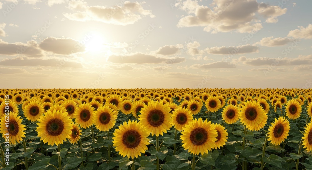Fototapeta premium Endless Sea of Sunflowers Greeting the Hazy Evening Sun