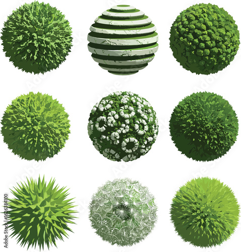 Green foliage sphere collection, topiary globe set, nature texture balls, grass bush models, 3D plant objects, landscaping design elements