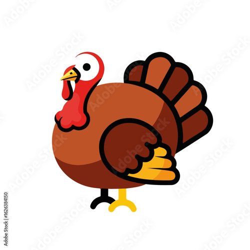 Thanksgiving turkey illustration, plump brown bird with red wattle and yellow feet. Thanksgiving image features cartoon turkey perfect for holiday cards and festive decorations.