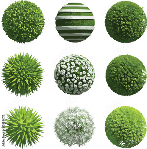 Green foliage spheres collection, realistic topiary plant balls, 3D bush textures, nature globes, landscaping design elements, decorative botanical shapes