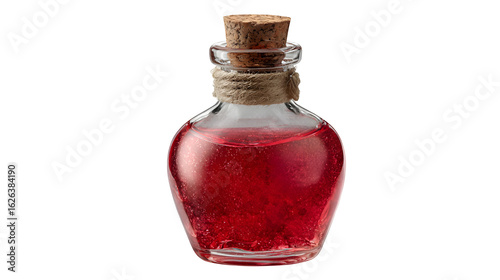 Red potion in glass bottle, isolated on transparent background