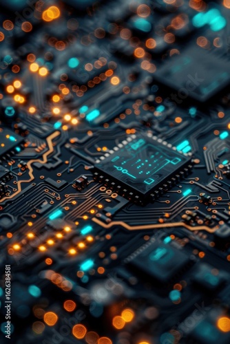 Close-Up of a Circuit Board with Glowing Components and Details