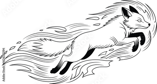 Fox leaping through stylized flames animal jumping
