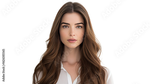 Title: Confident Woman with Long Brown Hair Standing in Front of Camera Isolated on White Background