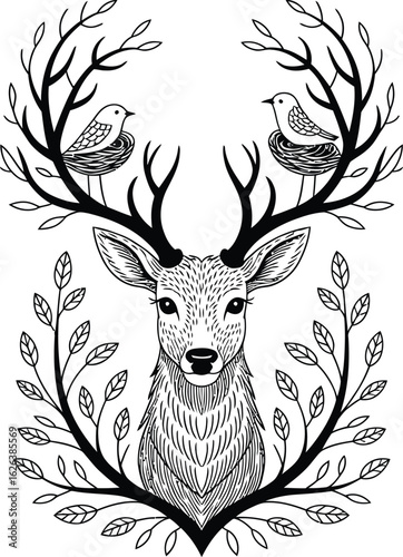 Deer head with birds in antlers and branches stag nest