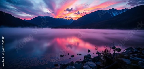 Fototapeta Naklejka Na Ścianę i Meble -  Misty dawn over a mountain lake in Tatra National Park, Poland, Poland, sunrise
