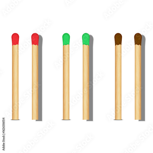 Wooden matchsticks with colorful heads in red, green, and brown isolated on white background realistic 3d match vector objects in the row.