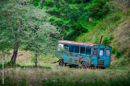 Rusty abandoned blue bus in a forest clearing overtaken by nature and surrounded by greenery