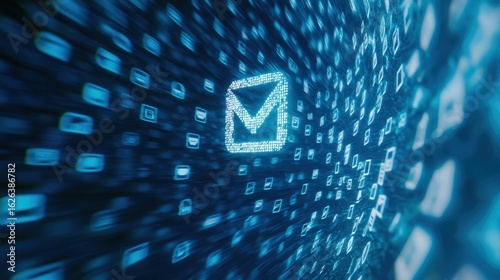 Abstract digital representation of email communication with glowing icons and binary elements creating a sense of depth and technology in modern communication systems