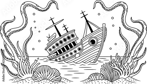 Shipwrecked vessel with octopus tentacles and coral