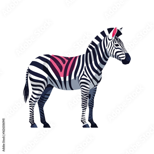 Isolated zebra standing sideways against white background. Zebra with iconic stripes and red marking, is an artful and playful graphic animal. Concept graphic animal as a mascot or design element.