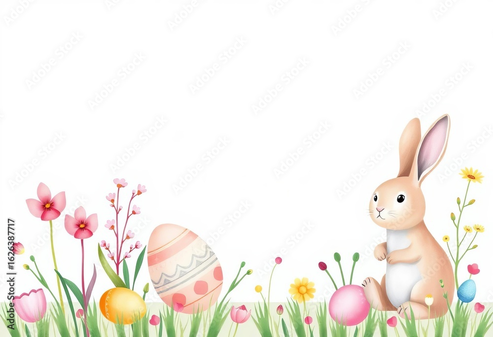 Fototapeta premium Pastel Easter sale banners, cards & posters Minimalist design with hand-painted plants, eggs, bunny, dots & trendy typography, texture, pastel background