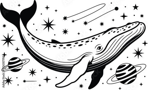 Whale Swimming In Starry Galaxy With Planets space