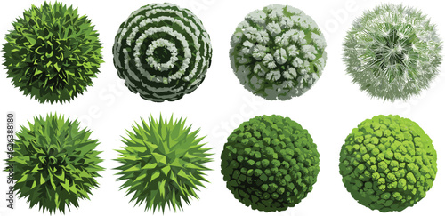 Topiary foliage spheres collection, green plant balls, garden bush textures, landscaping 3D models, decorative nature shapes, botanical orb design
