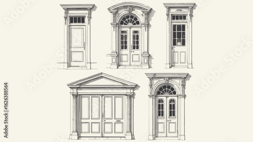 Elegant architectural doorways and windows sketched in grayscale drawing