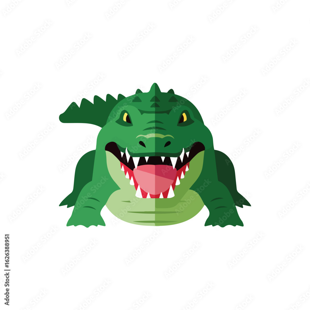 Fototapeta premium Cartoon alligator with open mouth showing teeth, a colorful alligator mascot ready to strike. Cartoon alligator suitable for children's books, animal presentations, and educational projects.