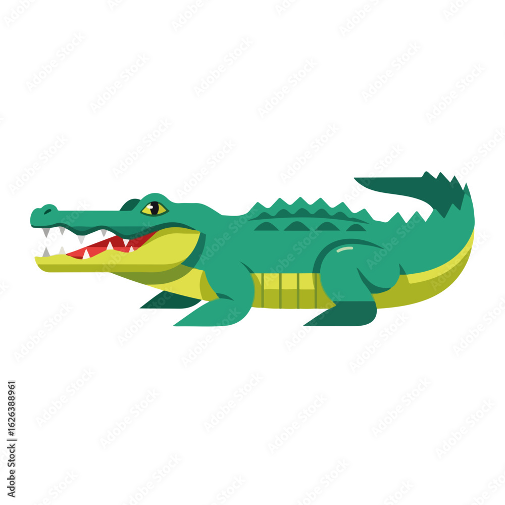 Obraz premium Cartoon alligator illustration with green skin and visible teeth on isolated background. Cartoon alligator for children's illustration, educational materials, and fun projects.