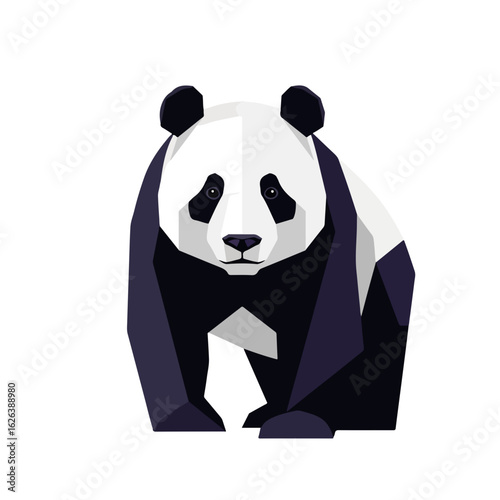 Giant panda illustration featuring black and white fur against white background. Giant panda art highlights simple, geometric shapes and origami style.