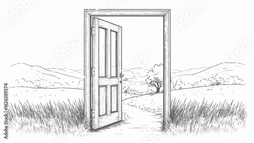Open doorway revealing a pastoral landscape with rolling hills and a lone tree vector