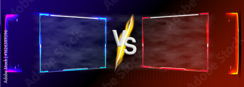 A striking graphic showcases contrasting blue and red frames with a central lightning bolt, ideal for a gaming battle setup. Vivid colors enhance the competitive atmosphere