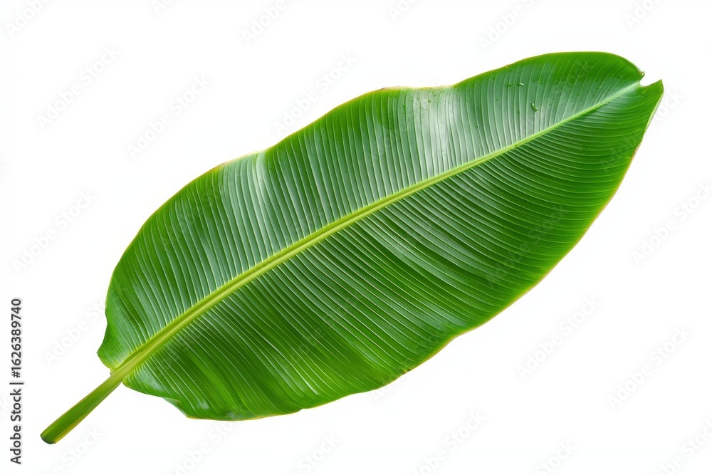 Fototapeta premium Large Green Leaf Isolated on White Background Displaying Natural Textures and Vibrant Colors Ideal for Nature and Botanical Themes in Design Projects