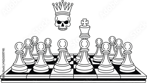 Chess king and pawns with skull wearing crown