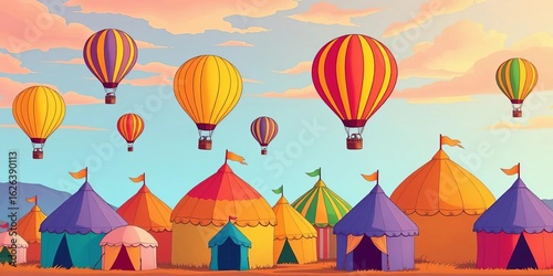 Whimsical hot air balloons float above colorful mini tents in a vibrant sky, simple line art style,  landscape,  line art