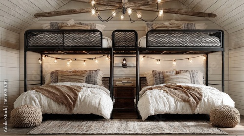 Rustic bunk beds in a cozy attic room