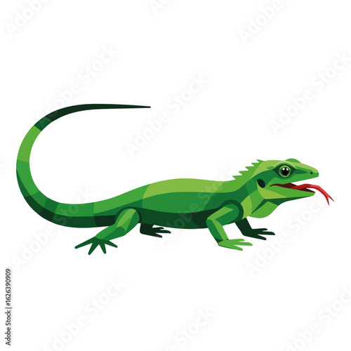 Green lizard illustration in geometric style, isolated on white. Illustration shows animal standing with its tongue sticking out. Concept green lizard illustration for city communications.