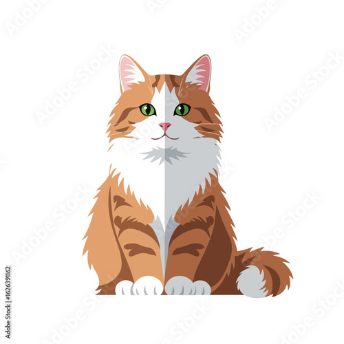 Cartoon cat portrait with orange stripes and a white fluffy chest, is looking forward in flat design. Cartoon cat is a domestic pet for any child and family.