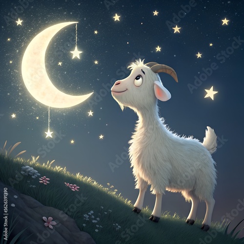 Cute winter holiday illustration of a goat on a snowy meadow, decorated with christmas snowflakes and trees