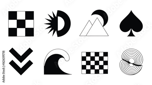 Collection of Minimalist Black and White Graphic Symbols Featuring Nature Elements and Geometric Shapes in Vector Format