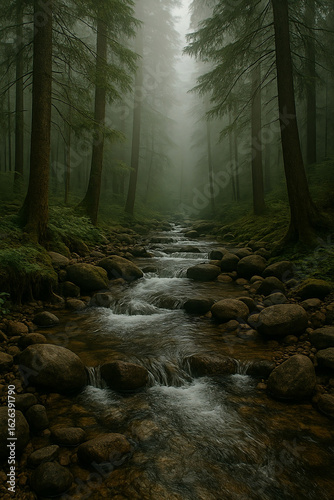 Peaceful Forest Trail with Dramatic Sunrays Filtering Through Trees


