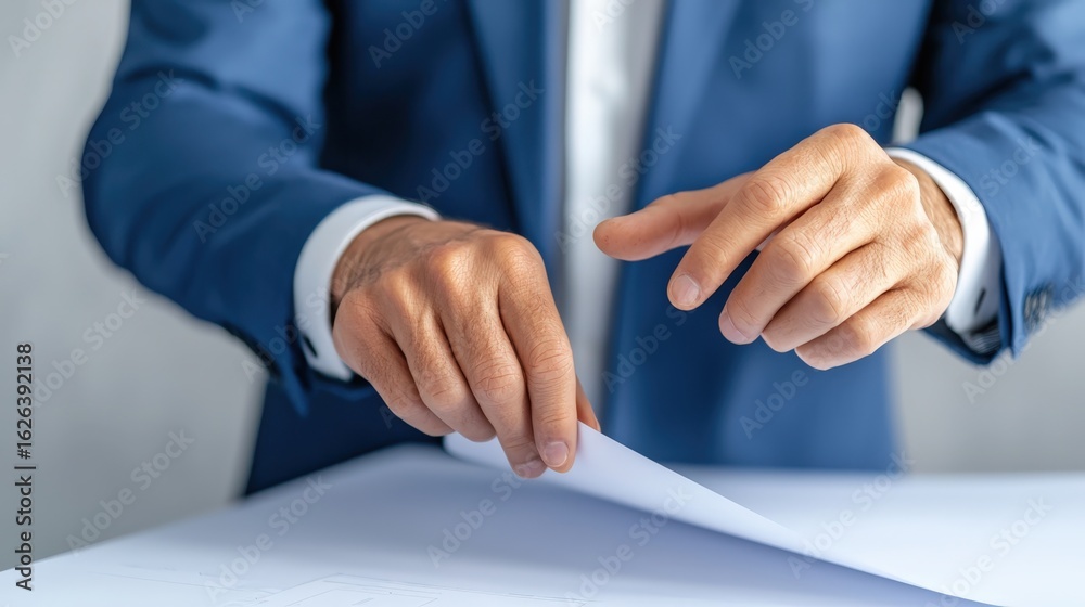 Obraz premium Professional Hands of a Businessman Handling Documents with Attention to Detail in a Modern Office Setting for Corporate and Legal Use