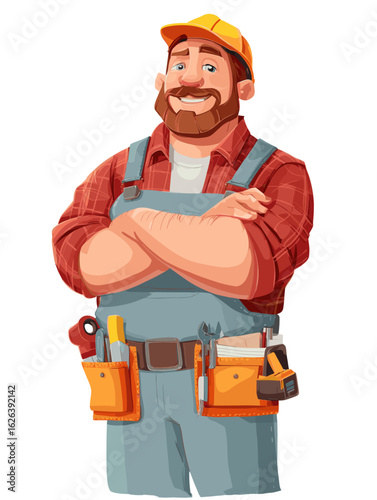 Cartoon character representing a cheerful construction worker wearing a hard hat and tool belt in a bright, optimistic style