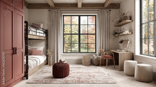 Cozy children's room with rustic accents. Sunlight streams through large windows