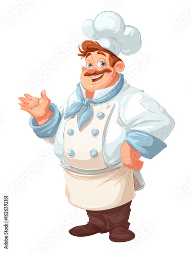 Friendly chef character in a white uniform waving with a smile in a cartoon style illustration