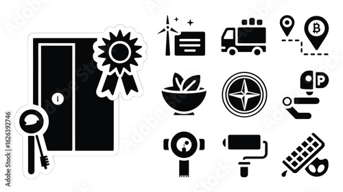 Variety of Black and White Vector Icons Symbolizing Business Industry and Sustainability Concepts and Creative Ventures