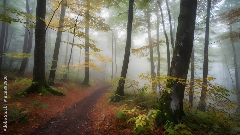 Fototapeta premium Autumn forest with mist