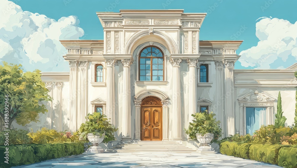 Obraz premium Grand, light-beige mansion with columns, archway, and landscaping