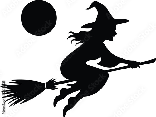 Silhouette of Witch Flying on Broomstick with Moon