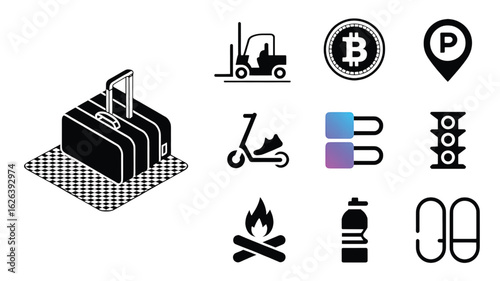 Collection of Isolated Black and White Icons Representing Travel Transportation Technology and Recreation Elements for Graphic Design and Web Design