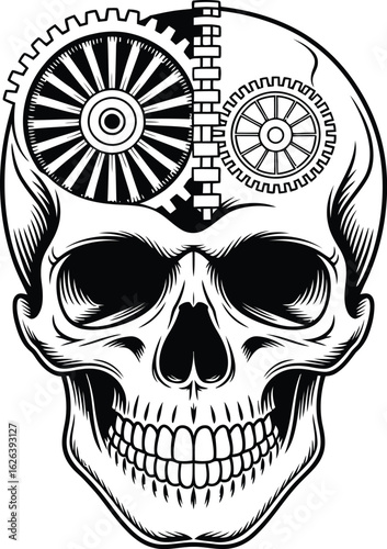 Steampunk skull with internal gears head skeleton