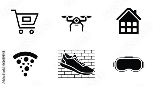 Collection of modern icons representing lifestyle tech shopping and real estate industries showcasing various essential elements in sleek black design