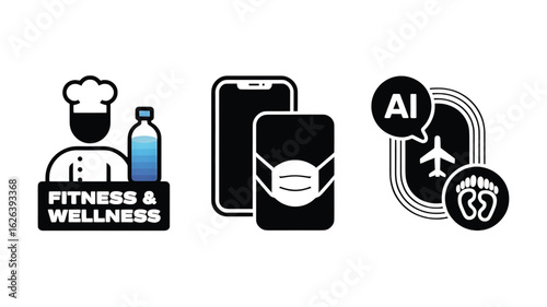 Digital health wellness travel and artificial intelligence conceptual illustrations on white background representing a new approach to healthy living and technology