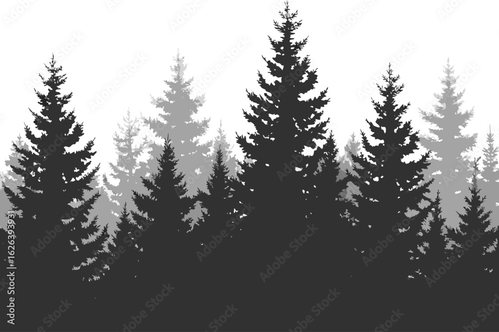 Obraz premium Silhouetted evergreen forest under a starry night sky with yellow stars