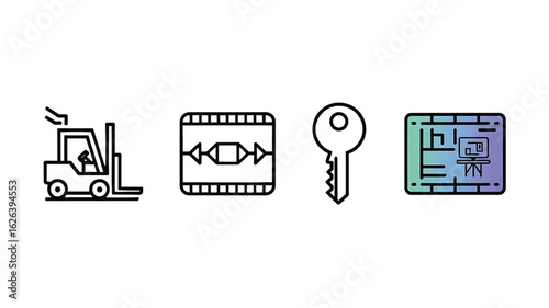 Line Icons for Business Industry and Technology Elements Including Forklift Security Video Editor and Computer Workstation